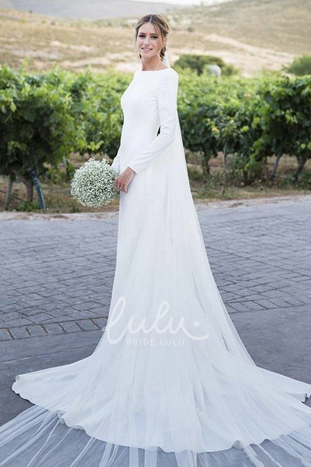 Chiffon Sheath Long Sleeve Deep-V Back Wedding Dress Simple & Elegant