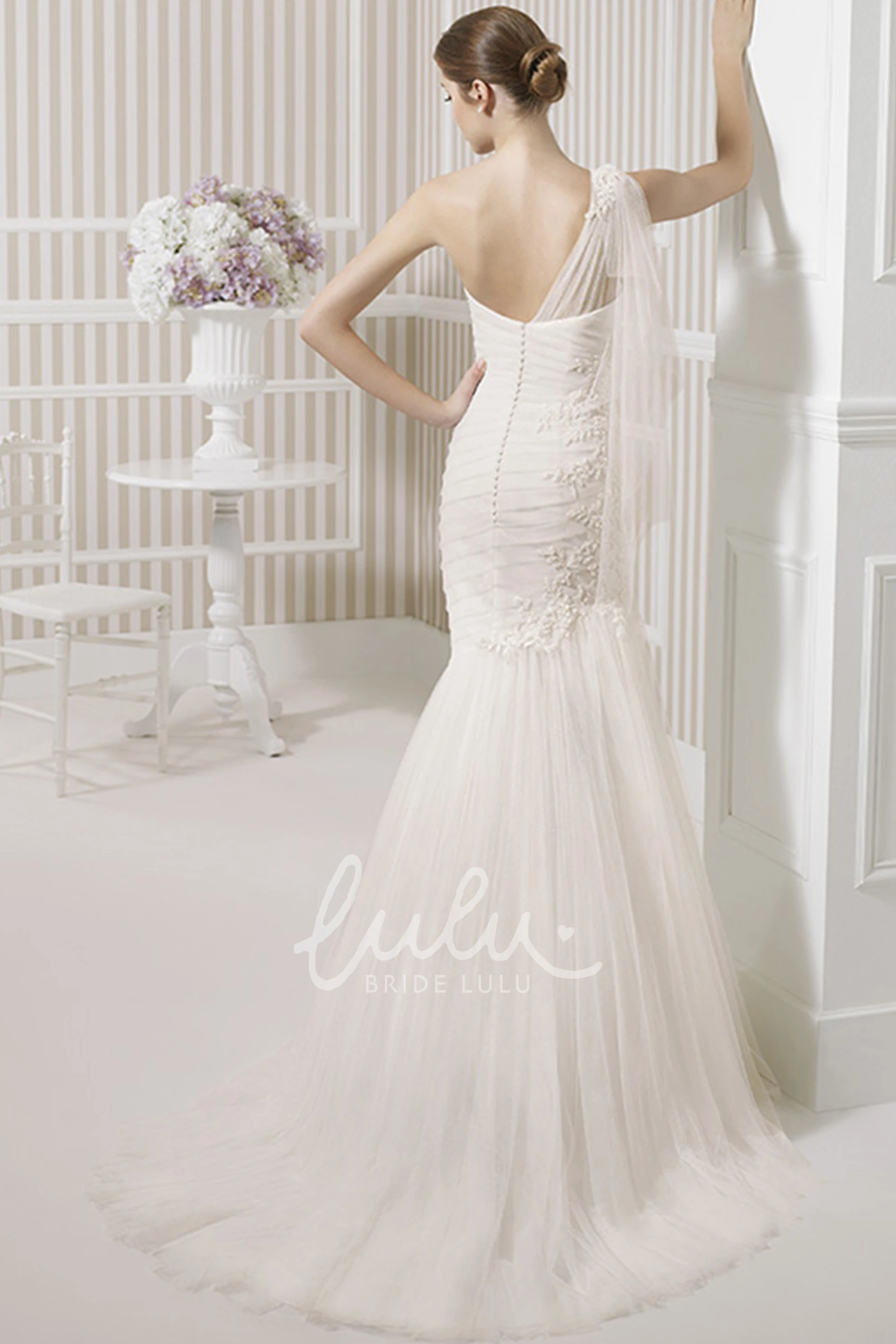 Ruched Tulle One-Shoulder Wedding Dress with Brush Train