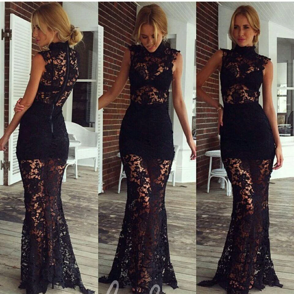 Black High-Neck Prom Dress Sexy Lace Sheer Skirt Elegant Evening Dress