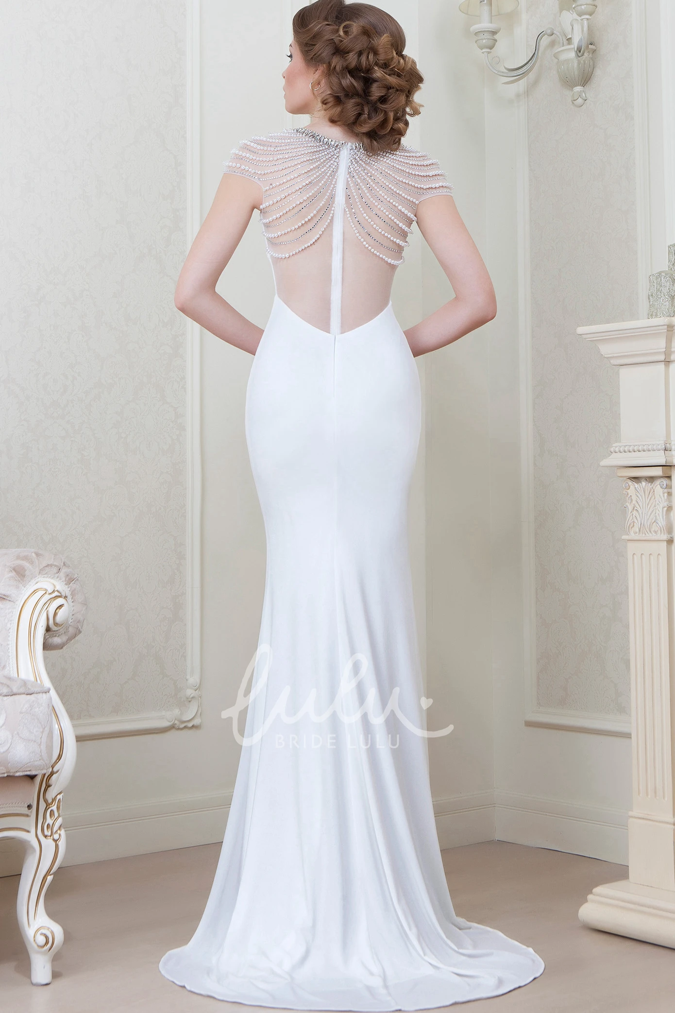 Beaded Jersey Cap-Sleeve Evening Dress with Scoop-Neck in Floor-Length Sheath
