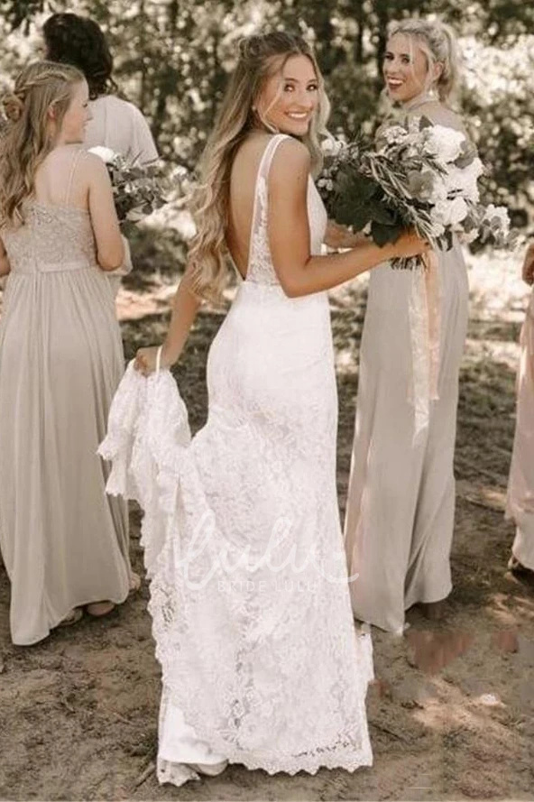 Ethereal Court Train V-Neck Lace Wedding Dress with Deep-V Back