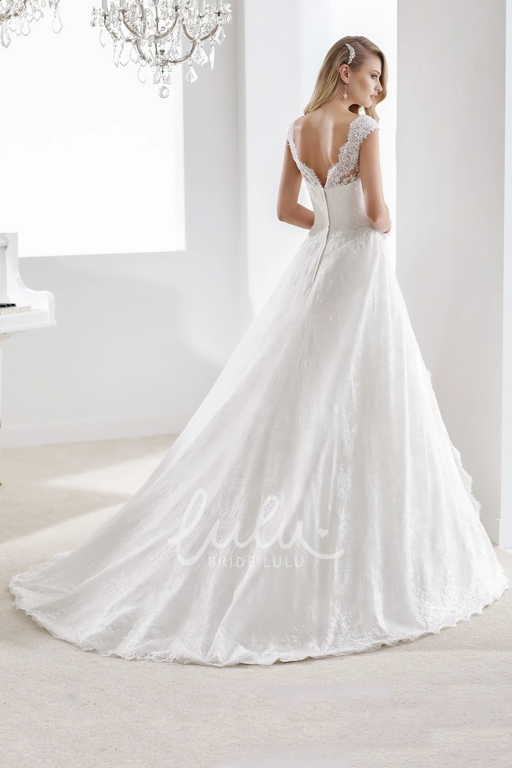 A-line Scalloped-neck Cap-sleeve Wedding Gown with V Back and Front-split Overlayer Classy Wedding Dress Women's Boho