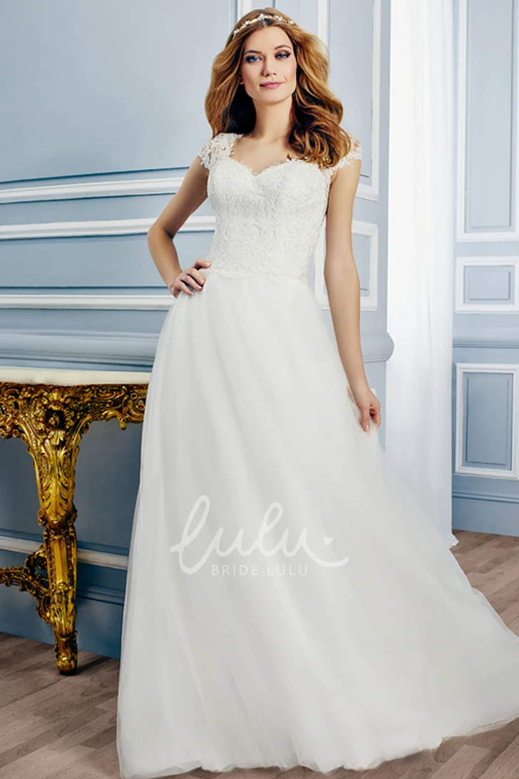 Cap-Sleeve Tulle Wedding Dress with Appliques Floor-Length Keyhole
