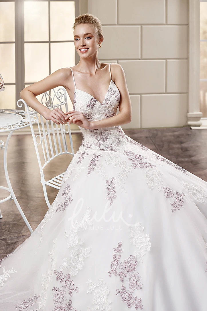 Lace Appliqued Spaghetti Strap Ball Gown Wedding Dress