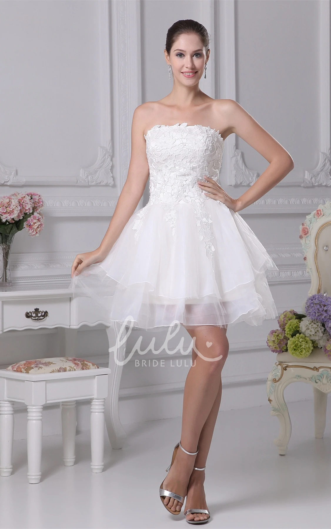 Strapless A-Line Dress with Appliques and Tulle Overlay for Prom