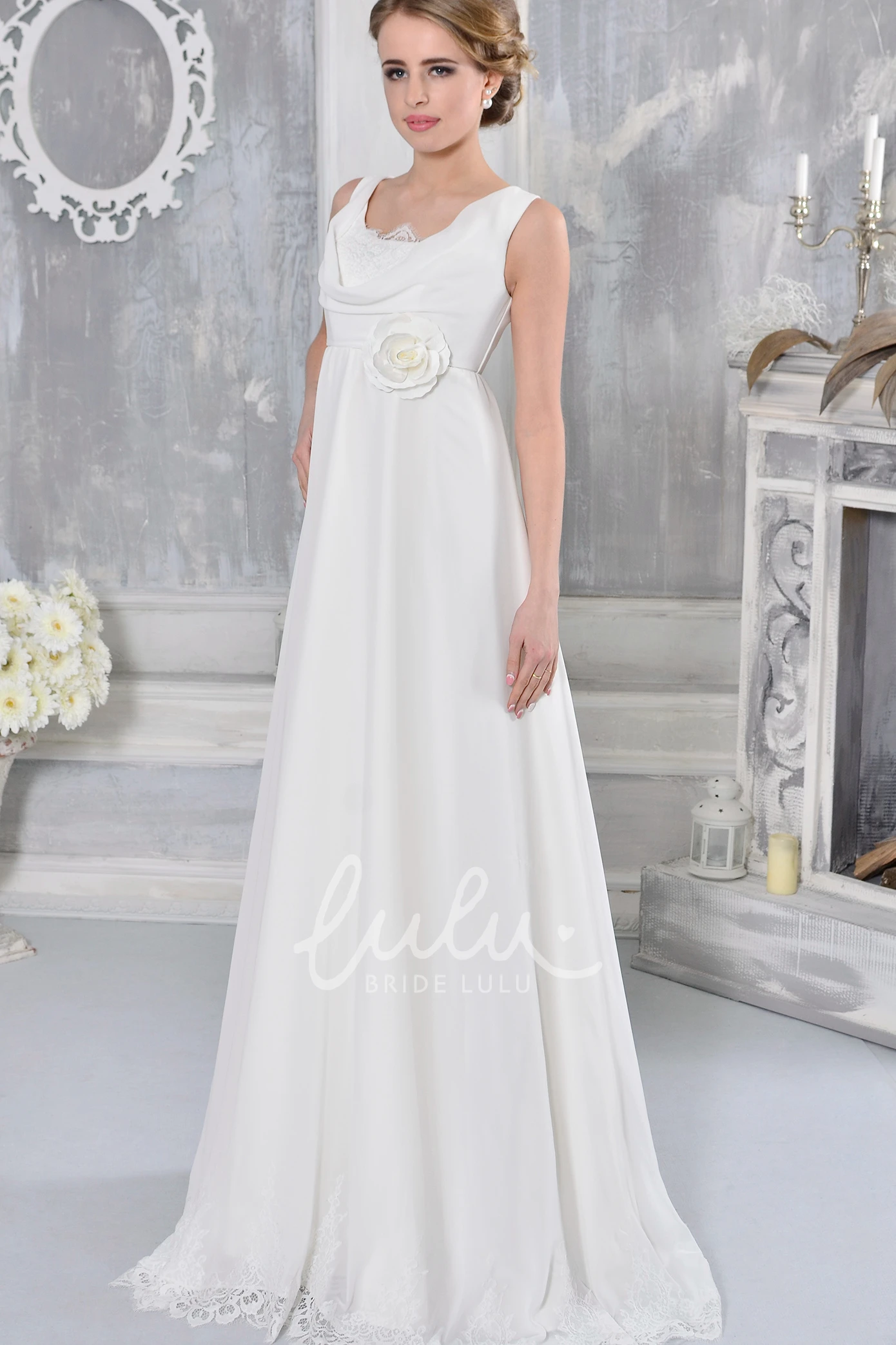 Sleeveless Cowl-Neck Empire Chiffon Wedding Dress Lace Floor-Length