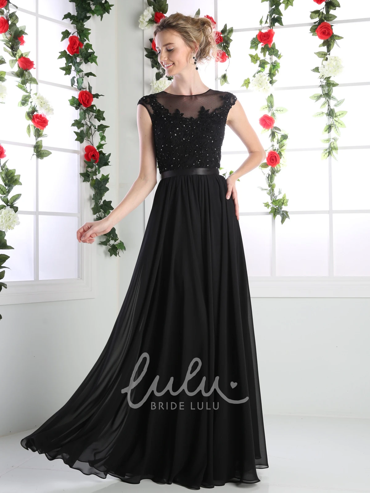 Cap-Sleeve Chiffon A-Line Formal Dress with Lace and Pleats