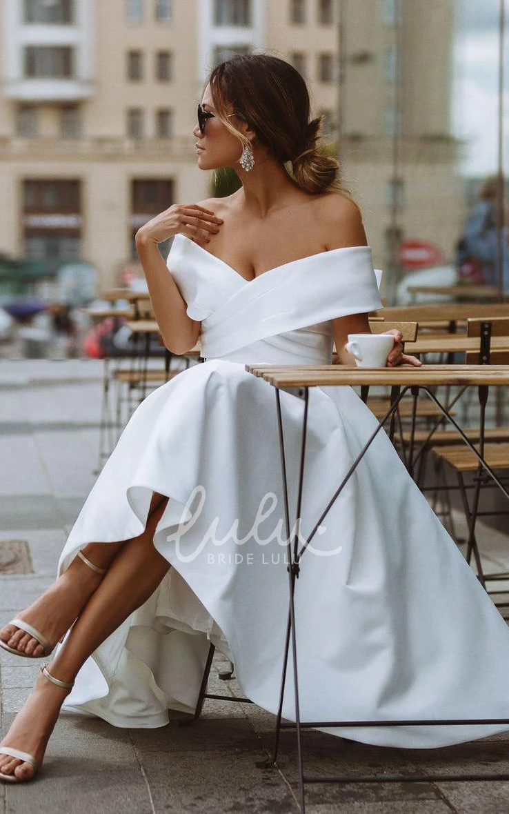 Off-Shoulder A-Line Satin Tea-length Wedding Dress with Ruching Sleeveless