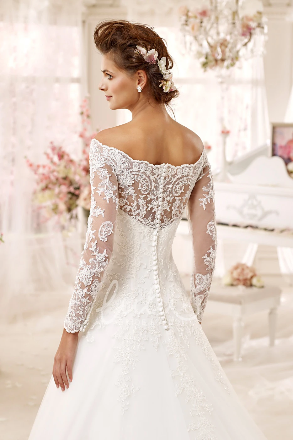 A-line Dress with Off-shoulder and Long Sleeves Adorned with Flowers Classy and Romantic