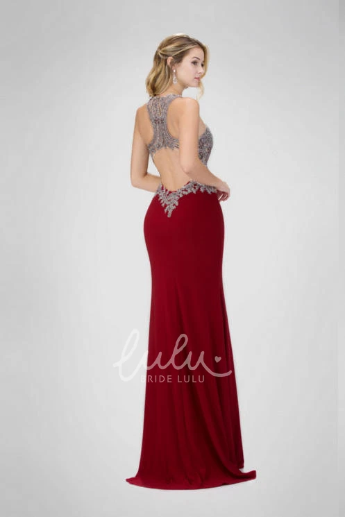 Crystal Detailing V-Neck Sleeveless Jersey Formal Dress