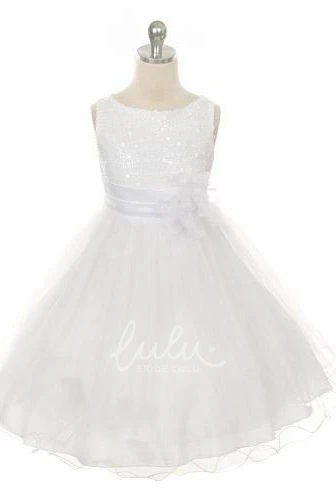 Floral Sequins&Satin Flower Girl Dress Tea-Length with Sash