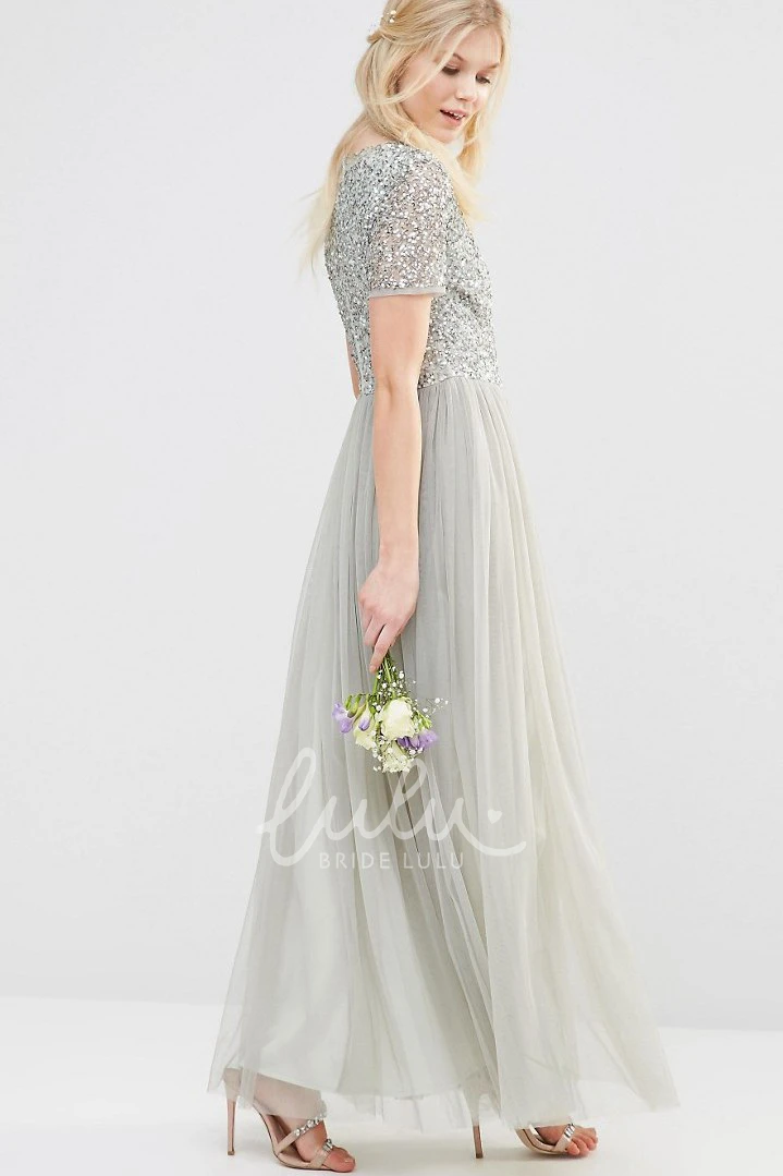 Pleated V-Neck Short Sleeve Tulle Bridesmaid Dress