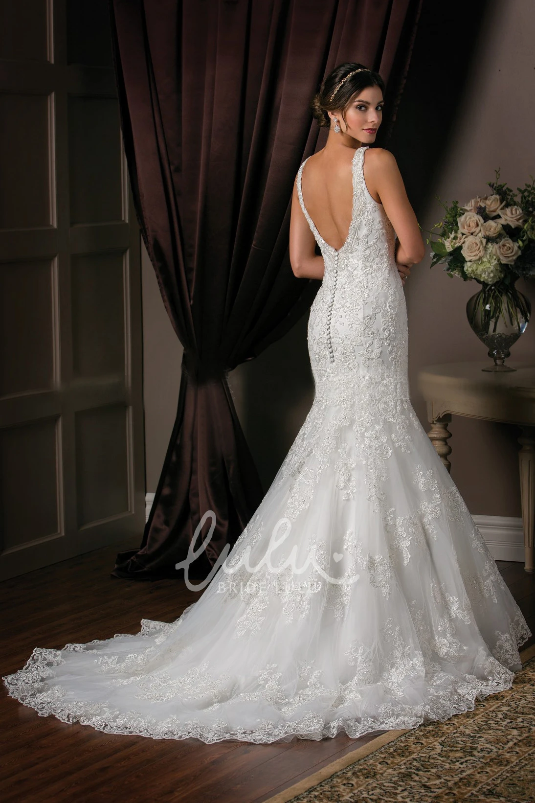 V-Neck Mermaid Wedding Dress with Appliques and Beadings Flowy Bridal Gown