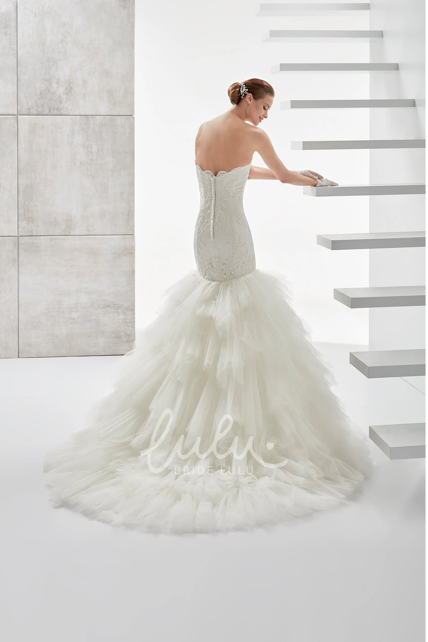 Mermaid Wedding Dress with Ruffled Tiers Train and Brush Train Unique Bridal Gown