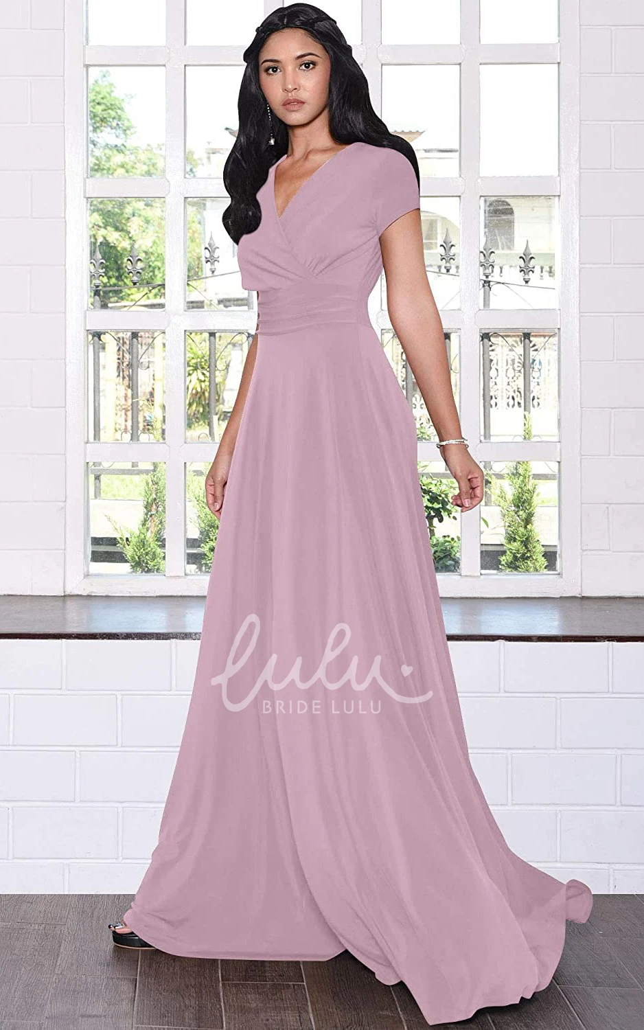 Simple Jersey V-neck A-line Evening Dress with Criss Cross and Pleats Prom Dress