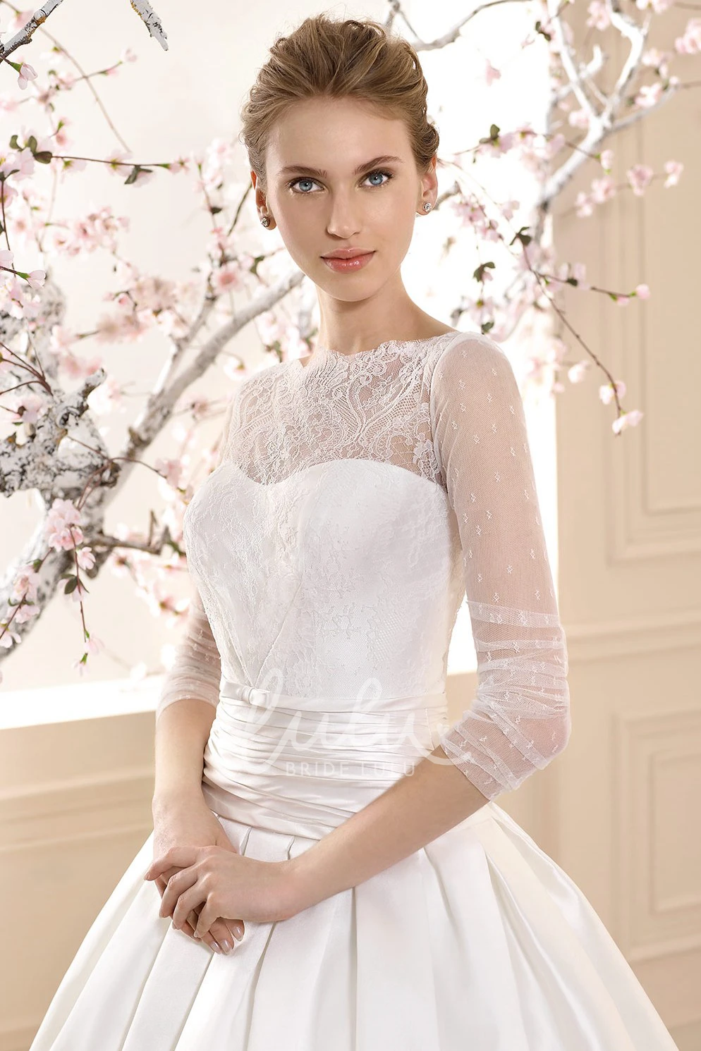 Long Sleeve High-Neck Satin Wedding Dress with Lace Classy Bridal Gown