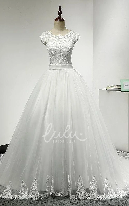 Cap Sleeve Tulle Ball Gown Jewel Neck Scalloped Hem Wedding Dress