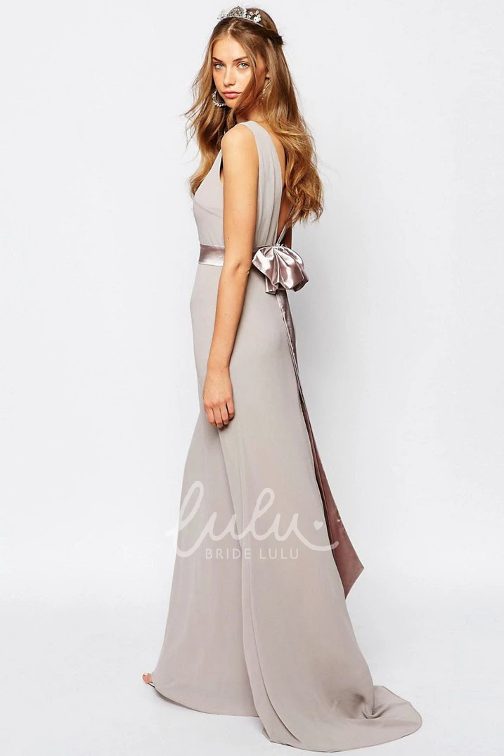 Sleeveless Chiffon Bridesmaid Dress with Ribboned Bateau Neck and Brush Train