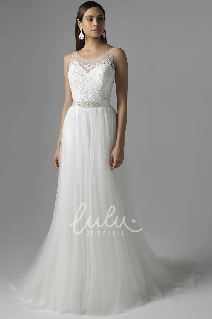 Appliqued Tulle A-Line Wedding Dress Sleeveless Scoop Floor-Length Waist Jewellery Pleats