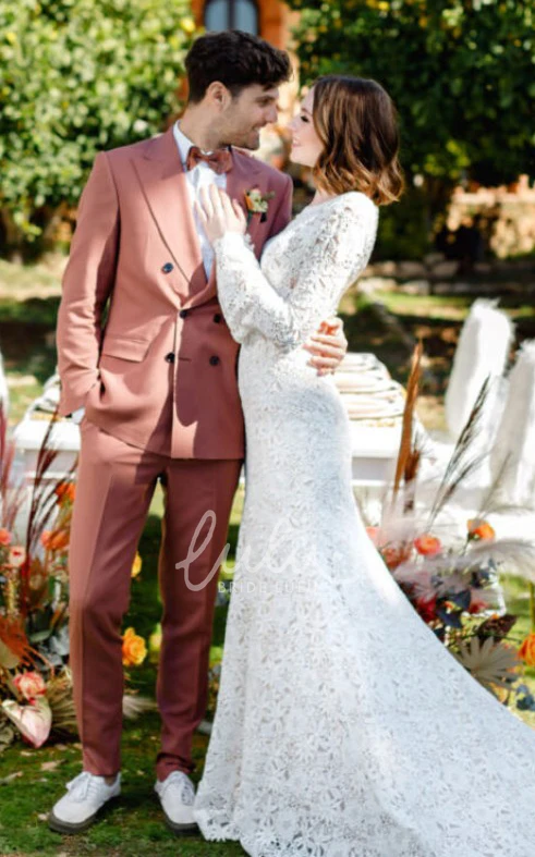 Bohemian Bateau Beach Wedding Dress with Illusion Back and Ruching Lace Sheath