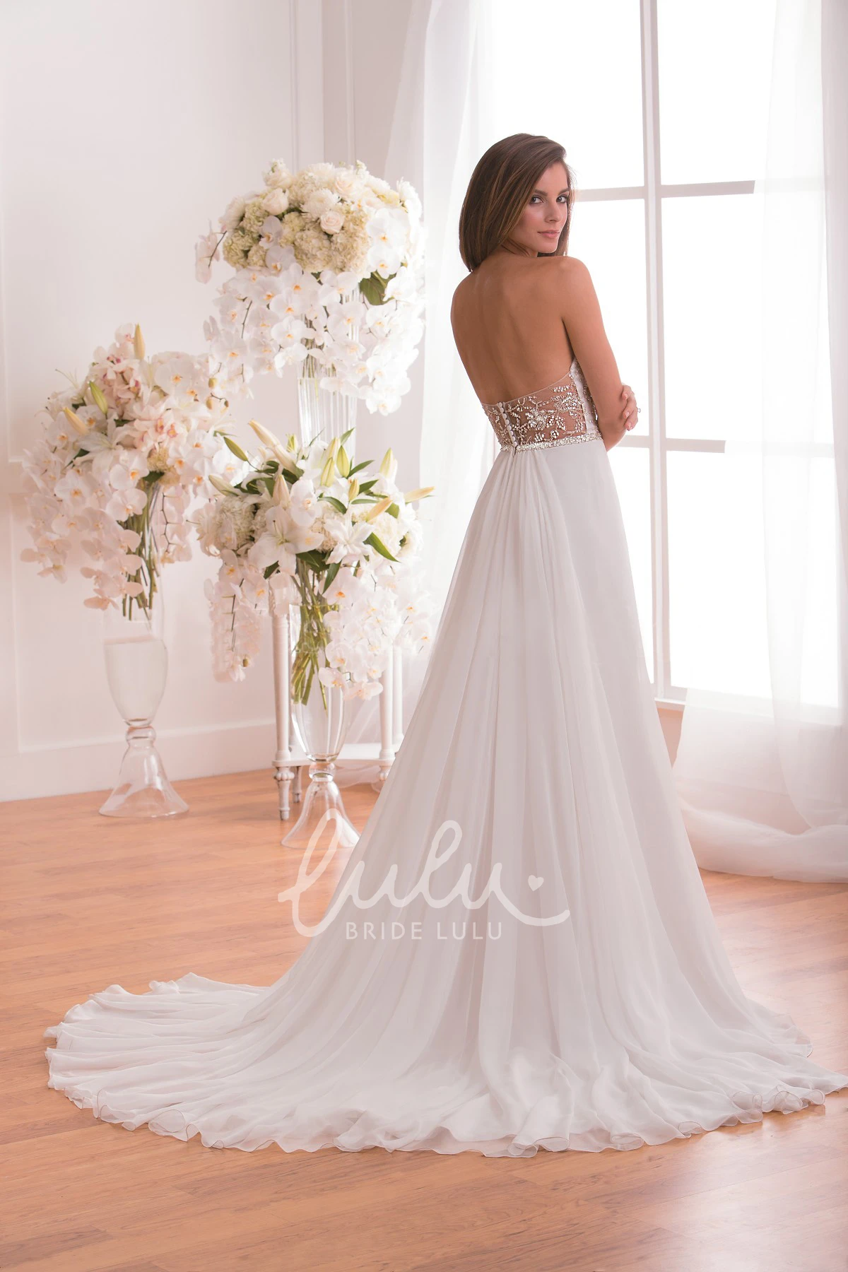 Ruffled Long Wedding Dress with Sequined Bodice Sweetheart and Glamorous