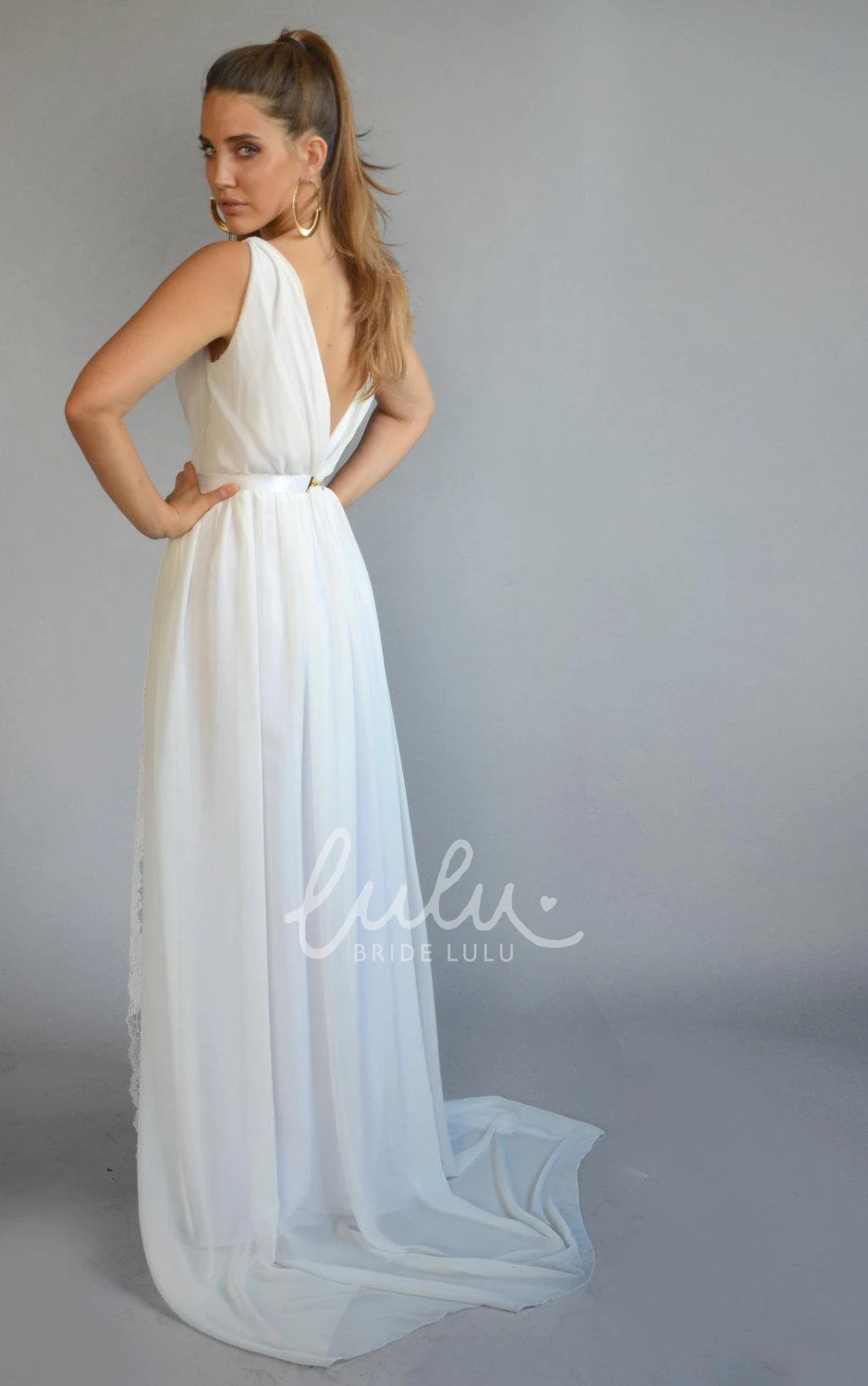 Sleeveless Sheath Chiffon Dress with Split Front and Sweep Train Flowy Wedding Dress