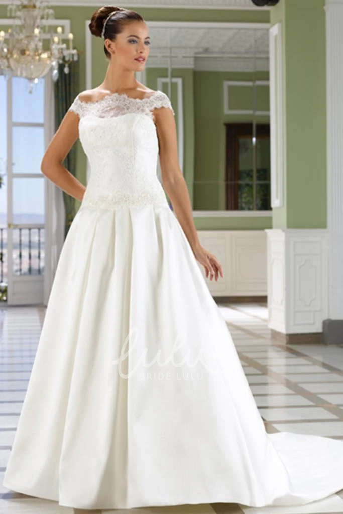 Satin Appliqued Spring Wedding Dress with Court Train A-Line Off-The-Shoulder