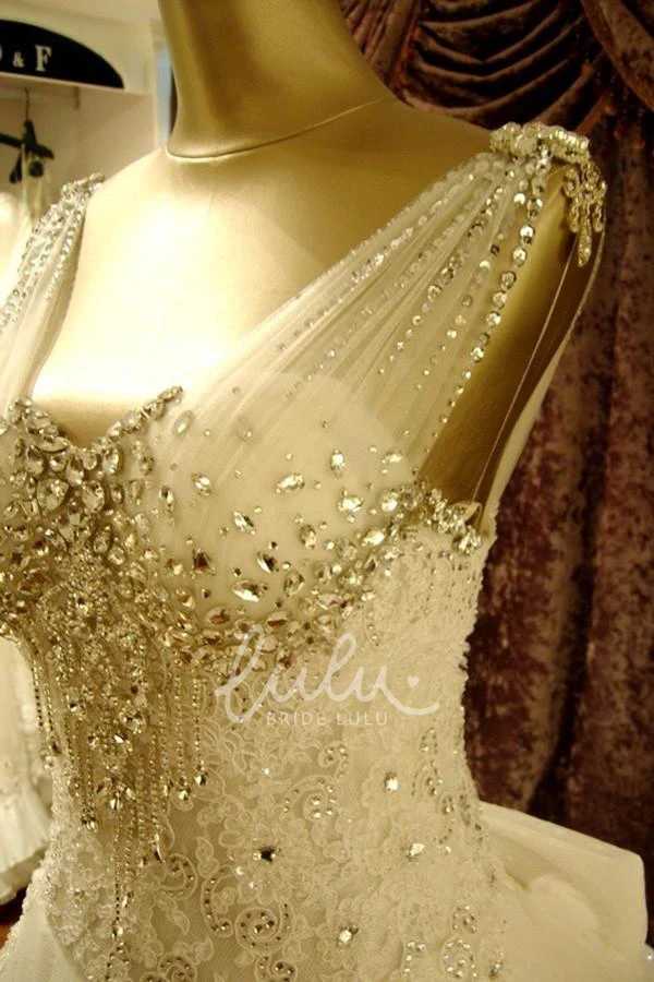 V-Neck Lace Tulle Ball Gown Wedding Dress with Corset Back