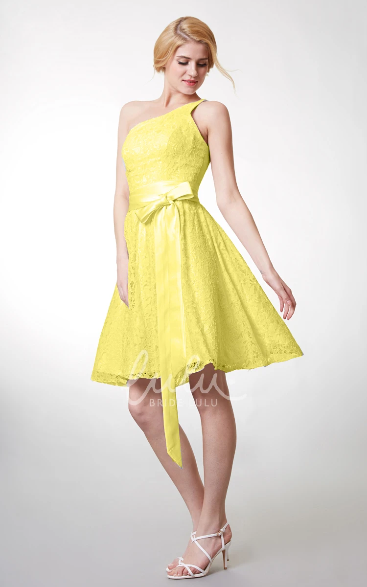 Beautiful Knee Length Lace Dress with One Shoulder and Fitted Cut