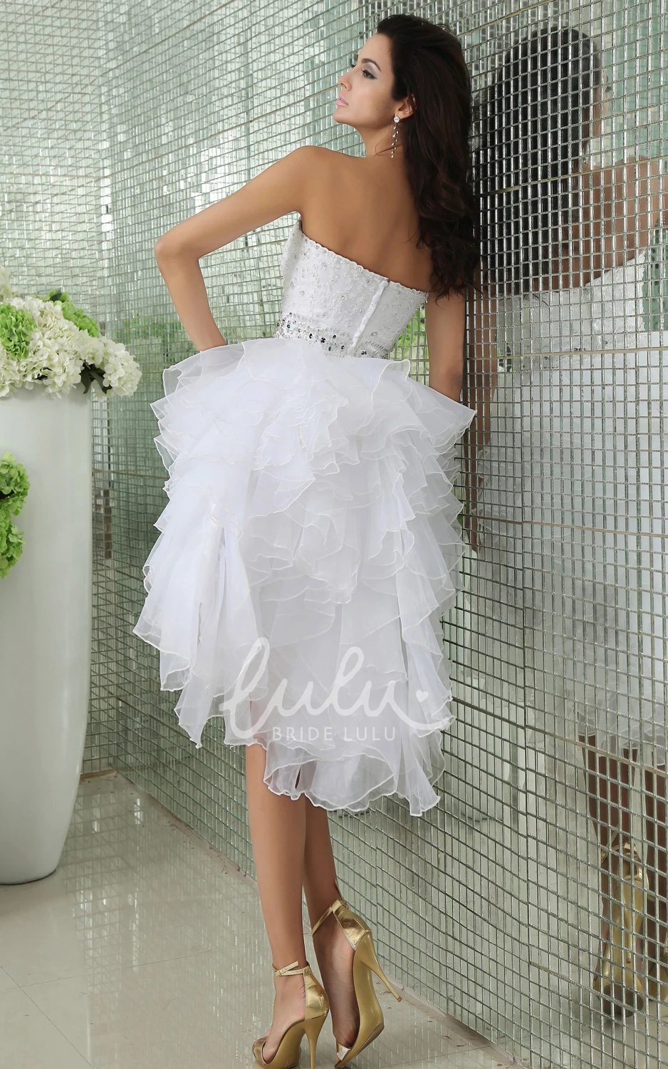 Crystal Detailed Strapless Dress with Ruffled Layers