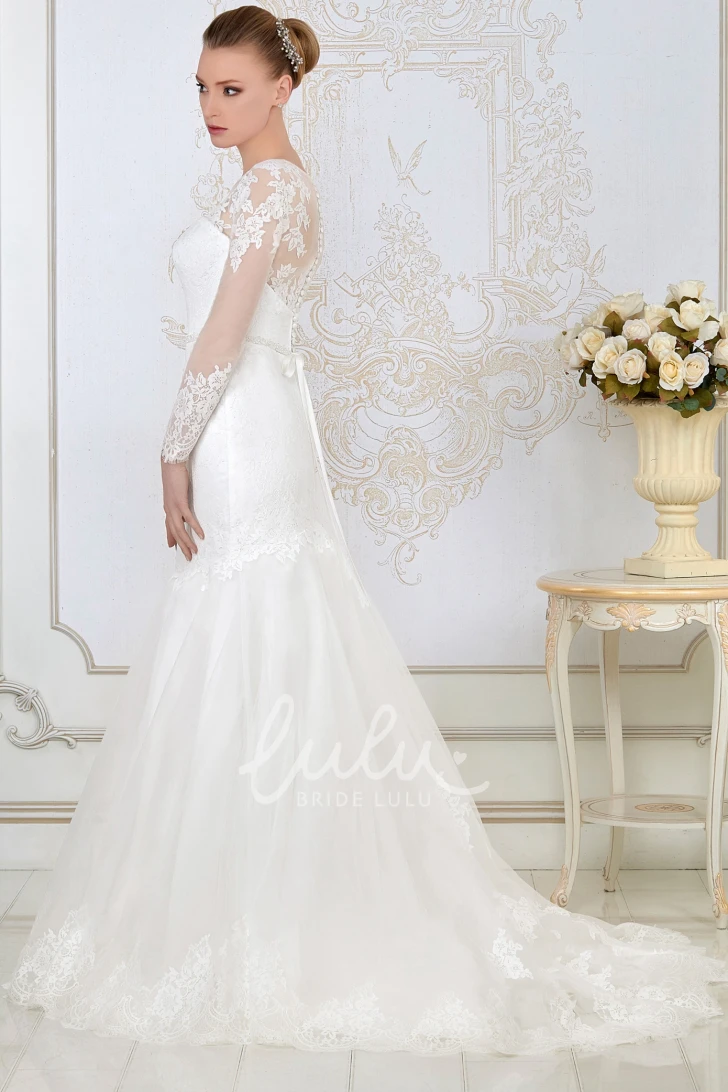 Lace Mermaid Long-Sleeve Jewel-Neck Wedding Dress with Waist Jewelry