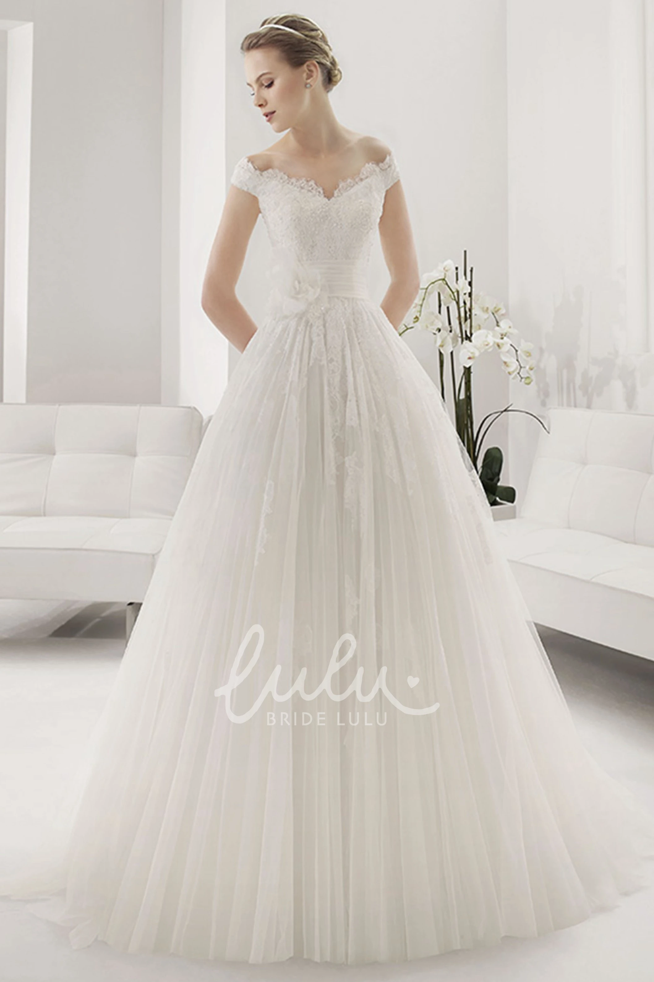 Lace Off Shoulder Tulle Ball Gown with Front Flower Elegant Wedding Dress