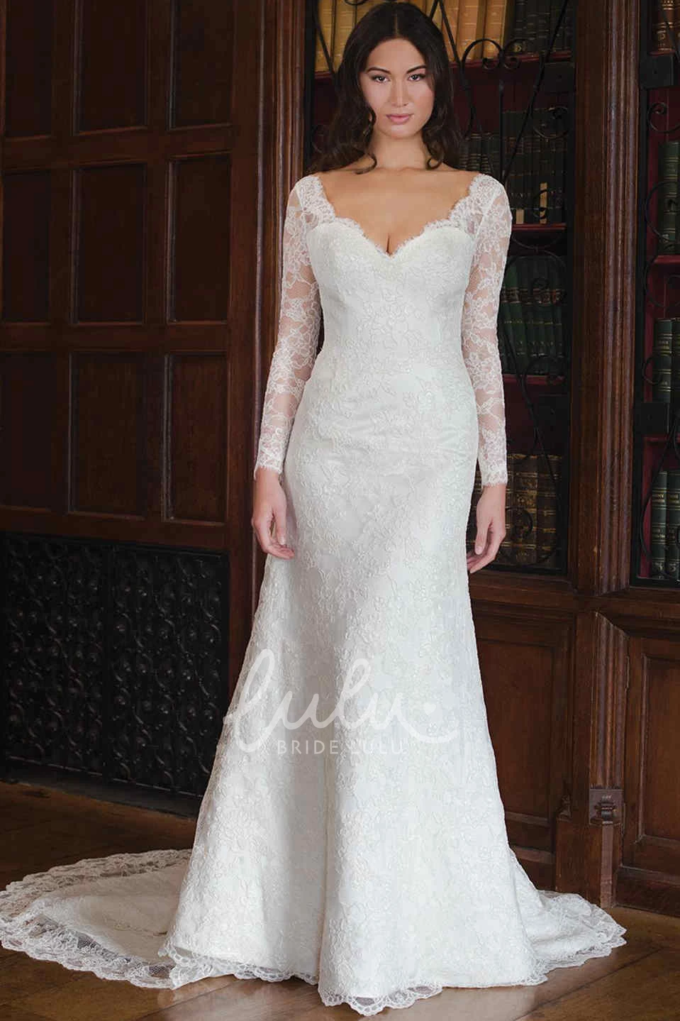 Long-Sleeve Sheath Wedding Dress with V-Neck and Lace Details