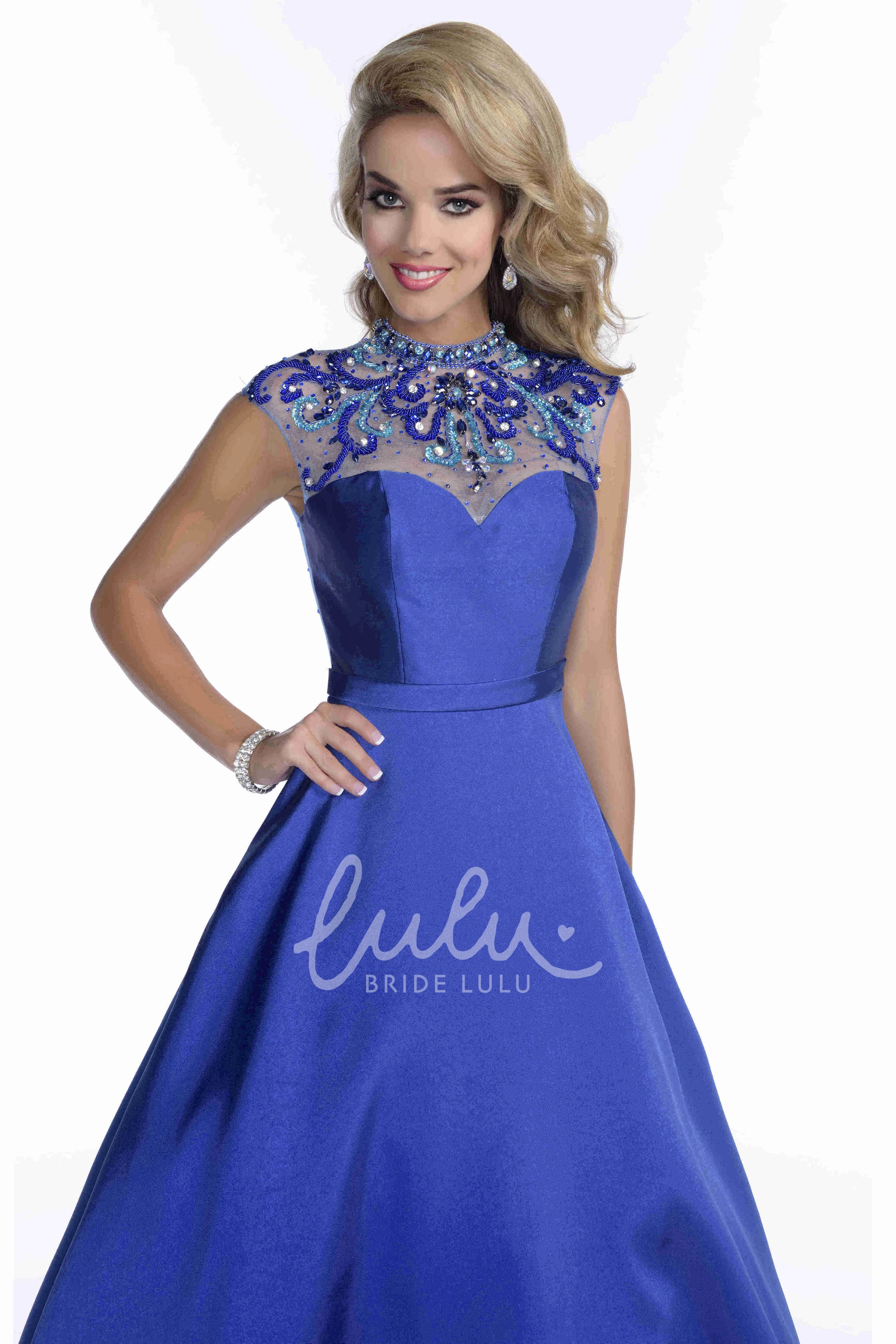 Rhinestone Back A-Line Prom Dress with Jewel Neck Cap Sleeves