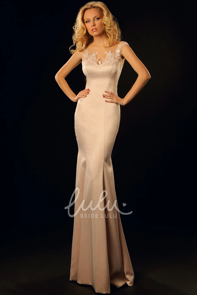 Cap-Sleeve Satin Prom Dress with Appliqued Scoop and Pleats