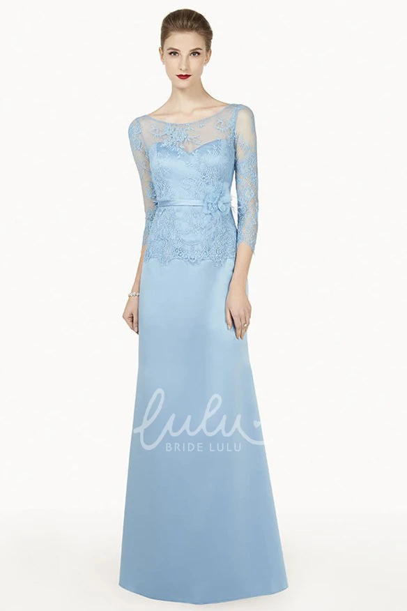 Satin Long Prom Dress with Floral Satin Sash and 3-4 Sleeve