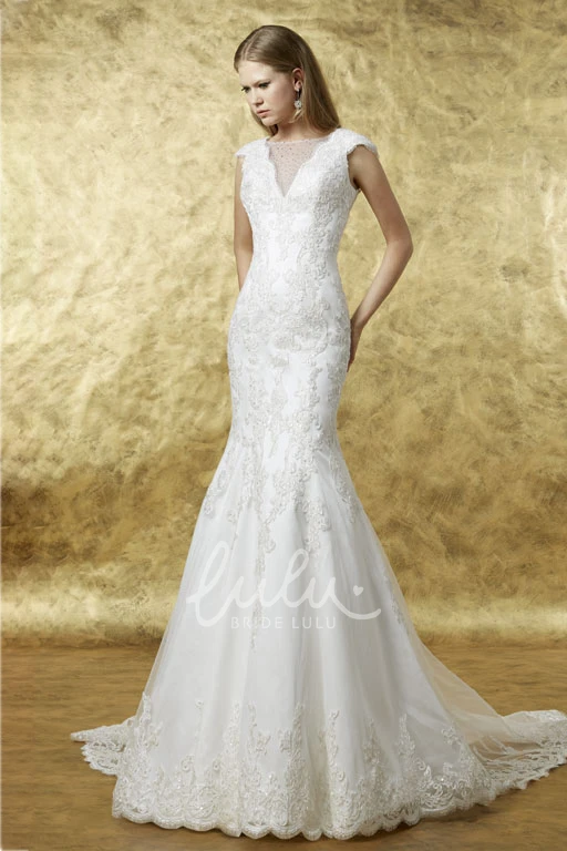 Trumpet Cap-Sleeve Lace Wedding Dress with Applique Bateau Neck and Chapel Train