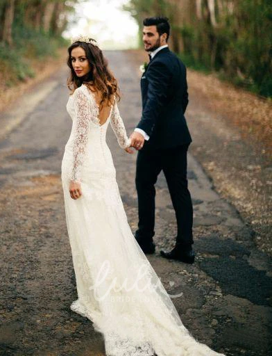 Long Sleeve V-Neck Lace A-Line Wedding Dress with Low-V Back