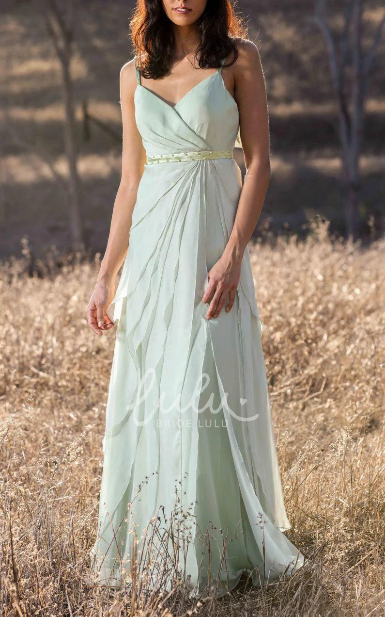 V-Neck Layered A-line Chiffon Dress with Spaghetti Straps and Empire Waist