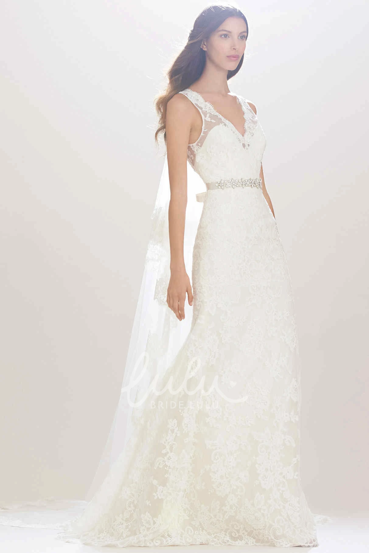 V-Neck Lace Wedding Dress with Bow and Waist Jewellery Sleeveless Sheath Gown