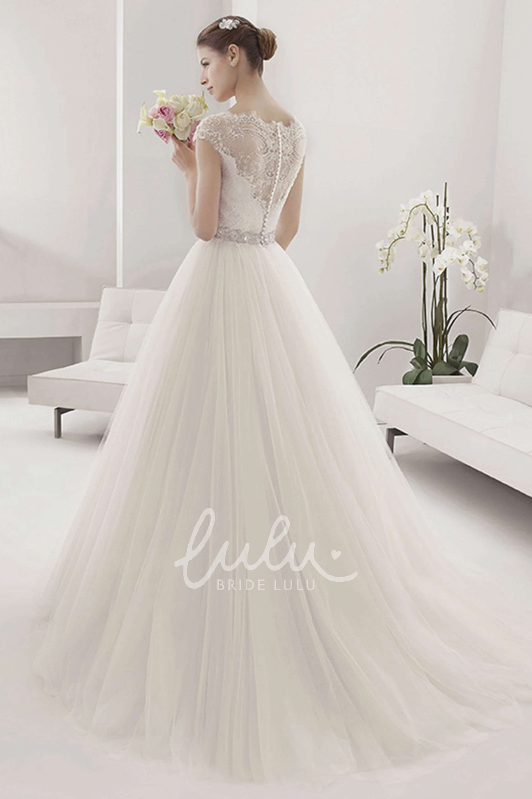 Cap Sleeve Tulle Ball Gown with Beading Floral Waist Chic Bridesmaid Dress