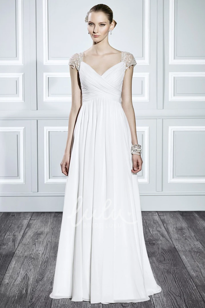 Criss-Cross Cap-Sleeve Chiffon Wedding Dress V-Neck Maxi