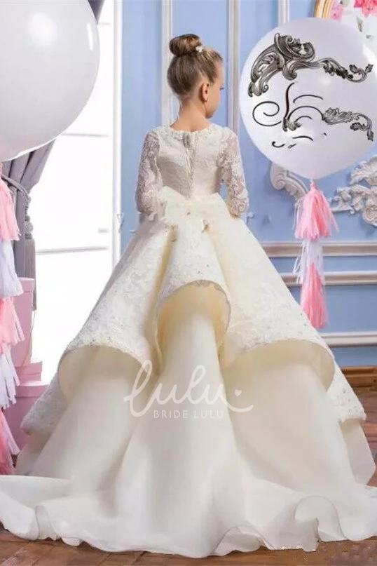 V-Neck Laced Flower Girl Dress with Beading Tiered Ball Gown