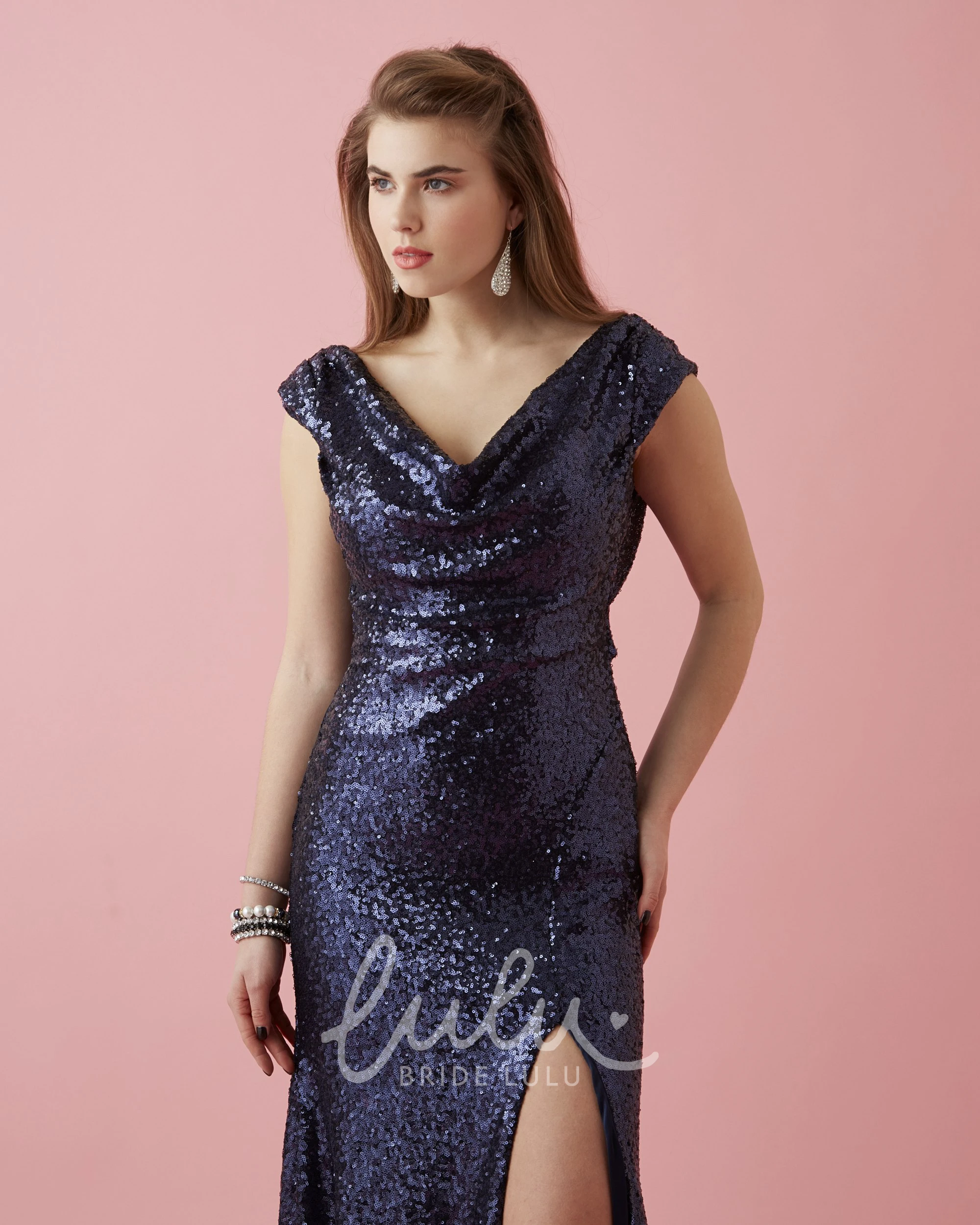 Sequin Sheath Long V-Neck Cap-Sleeve Prom Dress with Split Front