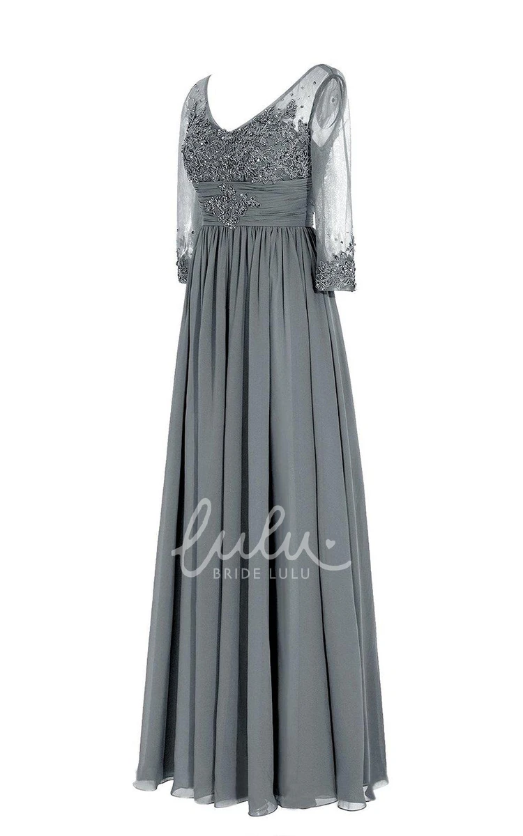 V-neck Chiffon Formal Dress with Illusion Sleeves and 3/4 Sleeves