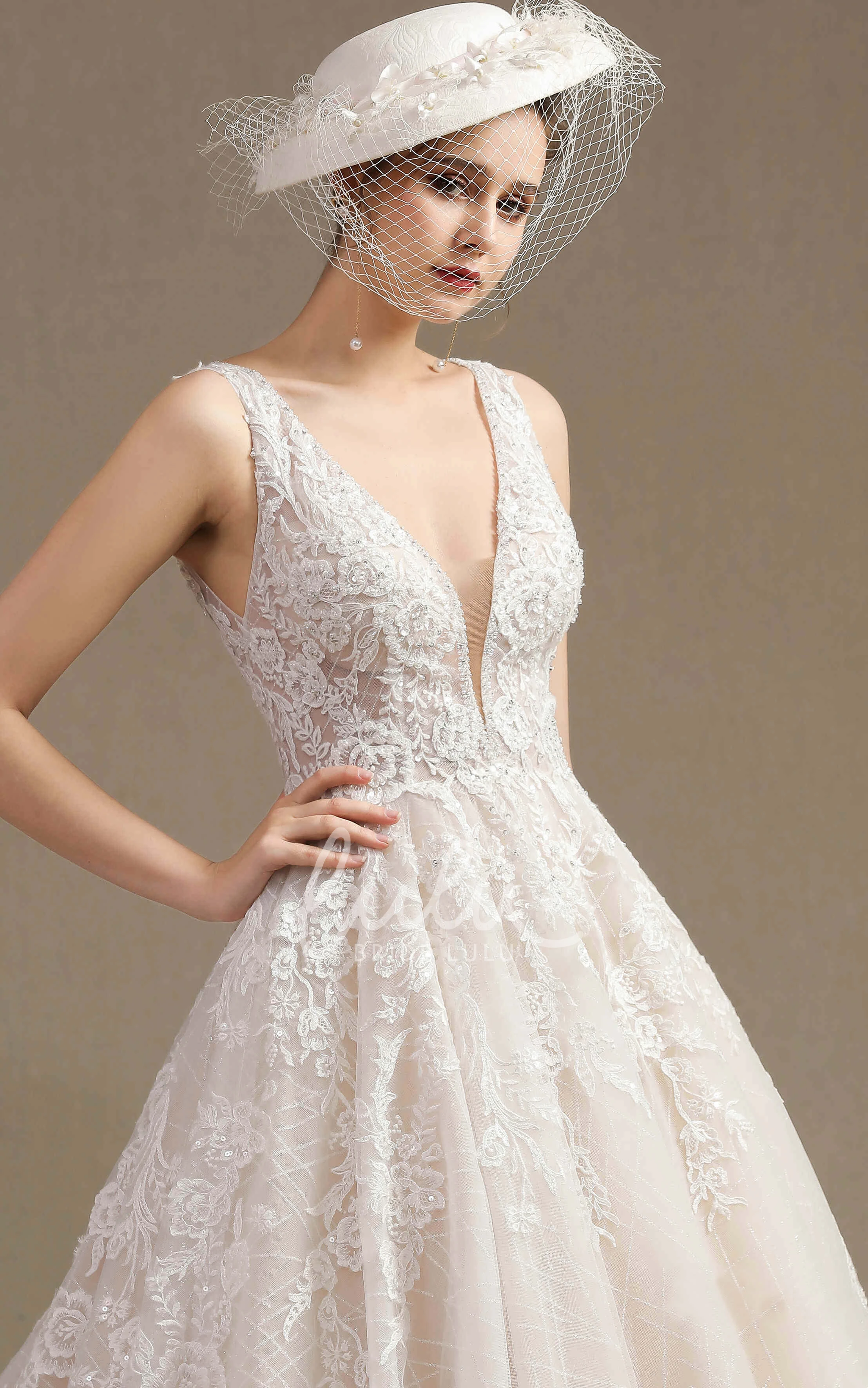 Vintage Lace Appliqued Ballgown Wedding Dress with Keyhole and Ruching