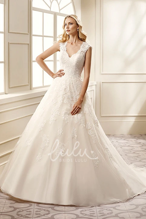 Cap-Sleeve Lace&Satin Ball Gown Wedding Dress V-Neck Appliqued