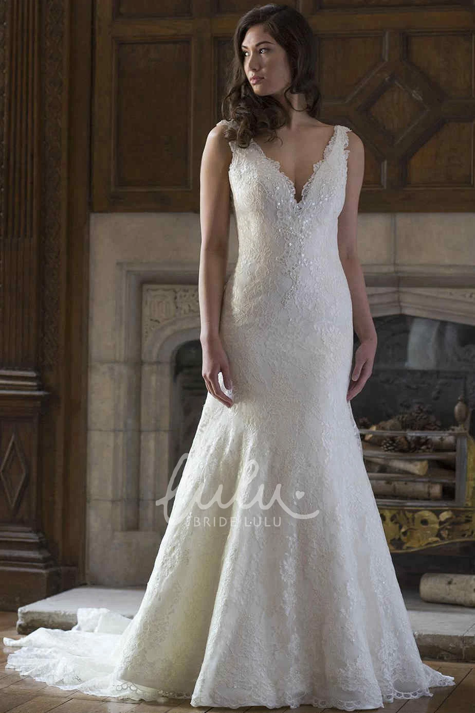 Sequined V-Neck Lace Long Wedding Dress Sleeveless Bridal Gown
