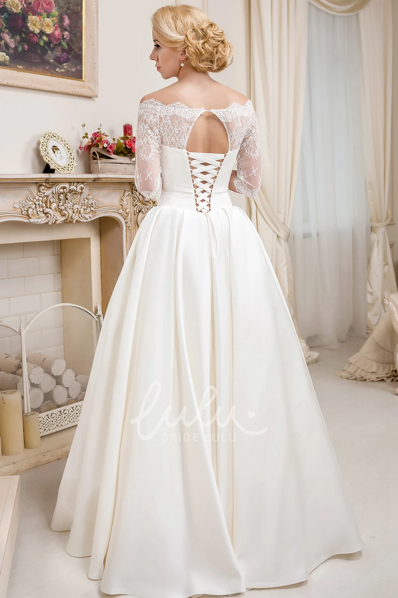 Off-The-Shoulder Lace Satin Wedding Dress Half-Sleeve Floor-Length