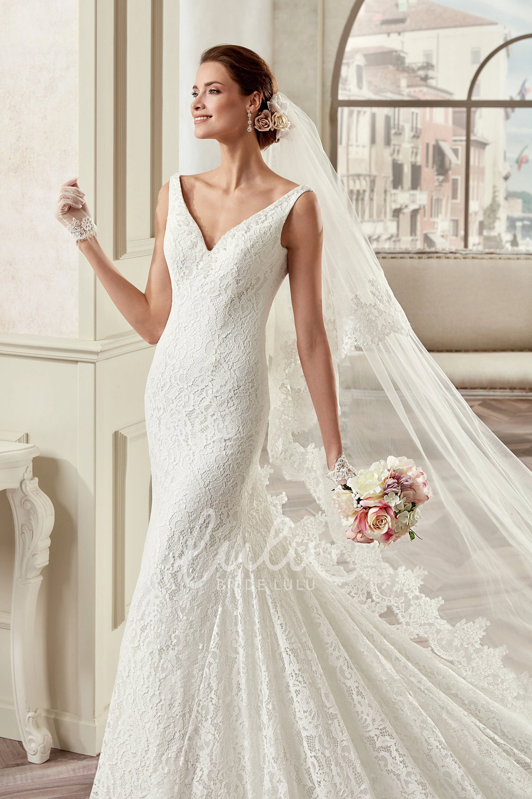 Sweetheart Lace Sheath Wedding Dress with Cap Sleeves and Open Back